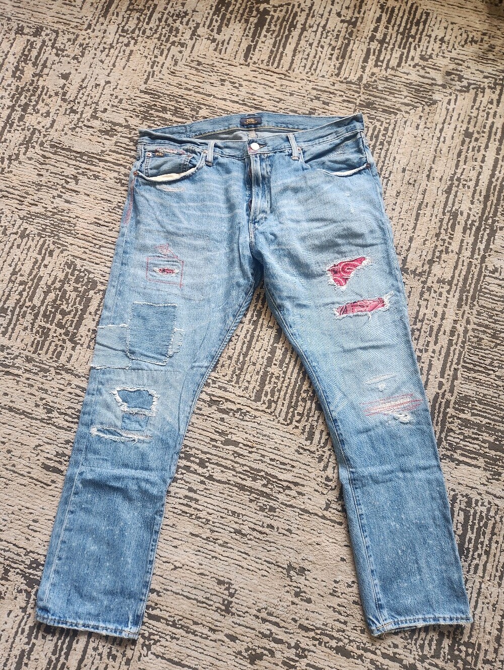 Polo by Ralph Lauren Light Blue Straight Jeans with Red Patches, Size 36 ×30